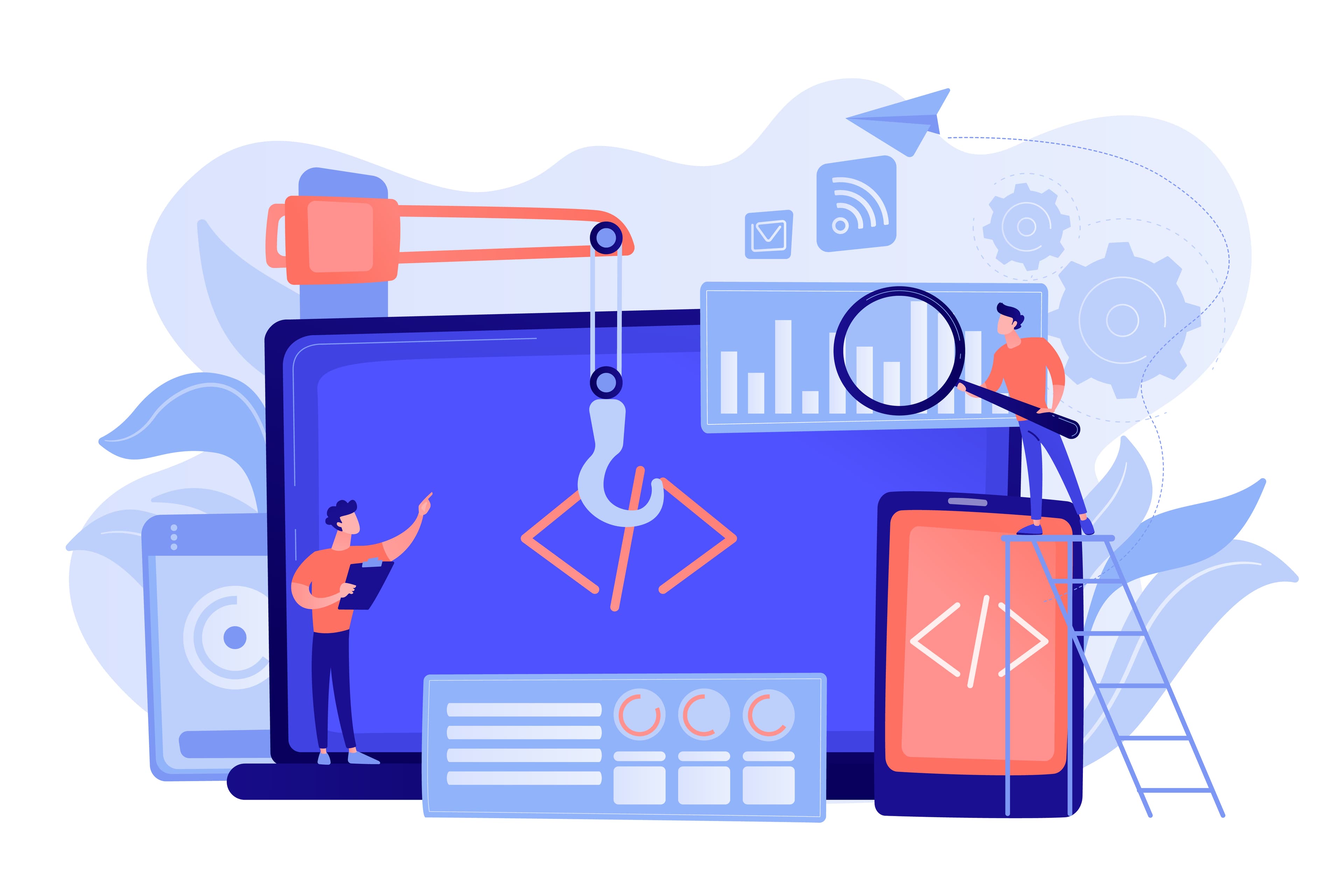 Software development and digital services illustration showing web, mobile, and analytics tools